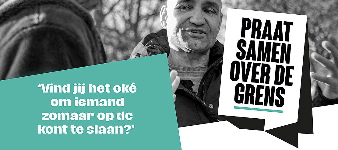 Foto van Perry Ubeda met daaroverheen een beeldmerk: Praat over de Grens en een quote: 'Vind jij het oké om iemand zomaar op de kont te slaan?'