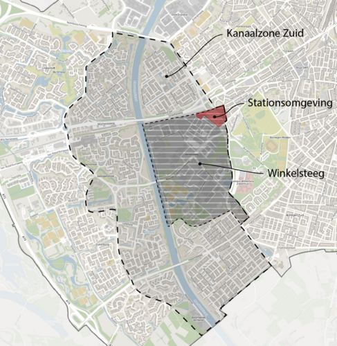 Plattegrond waarop Kanaalzone Zuid staat aangegeven. Kanaalzone Zuid is het gebied rond het Maas-Waalkanaal ten zuiden van de Neerbosscheweg met de aangrenzende wijken: Lankforst, De Kamp, Malvert, Zwanenveld, Hatert en Neerbosch-Oost en Winkelsteeg. Kanaalzone Zuid is op de kaart aangegeven met een donkerder kleur grijs dan de omliggende straten en de grenzen zijn aangegeven met een zwarte stippellijn. Binnen Kanaalzone Zuid zijn nog 2 andere gebieden aangegeven: in het rood 'Stationsgebied' rond station Nijmegen-Dukenburg, met de klok mee begrensd door de spoorlijn, Muntmeesterlaan, Muntweg, Jonkerbosplein en het meest oostelijke deel van bedrijventerrein Winkelsteeg. Het andere aangegeven gebied is Winkelsteeg, in donker grijs gekleurd met witte arcering. Winkelsteeg wordt met de klok mee begrensd door het Maas-Waalkanaal, de spoorlijn, Muntmeesterlaan, Muntweg, Jonkerbosplein, Weg door Jonkerbos tot en met Canisius Wilhelminaziekenhuis. Vanaf daar loopt de grens niet verder langs een straat maar via een lijn doorgetrokken vanaf de Tarweweg richting de Harriët Frezerlaan, opnieuw Weg door Jonkerbos, rand van het Jonkerbos en licht golvende lijn tot aan het Maas-Waalkanaal.