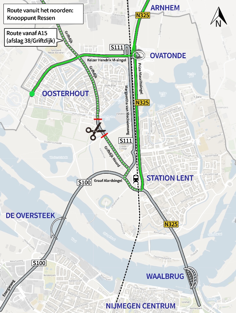 Kaart route knooppunt Ressen plattegrond route vanaf knooppunt Ressen