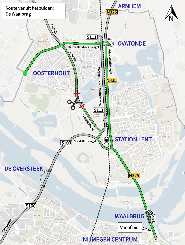 route vanaf de Waalbrug