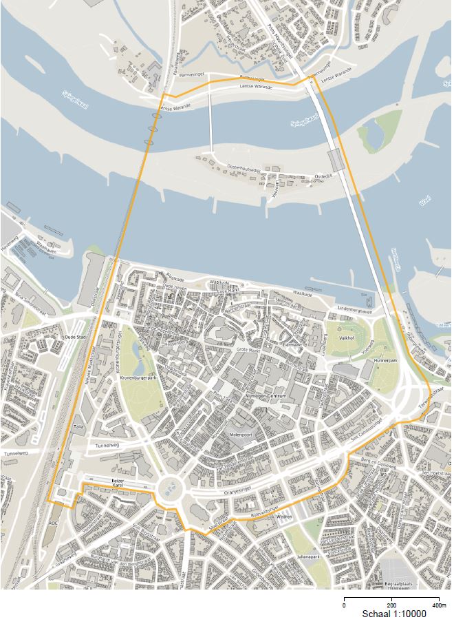 Kaart binnenstad Nijmegen met begrens gebied door gele lijn dat hoort bij noodverordening Vierdaagse 2022