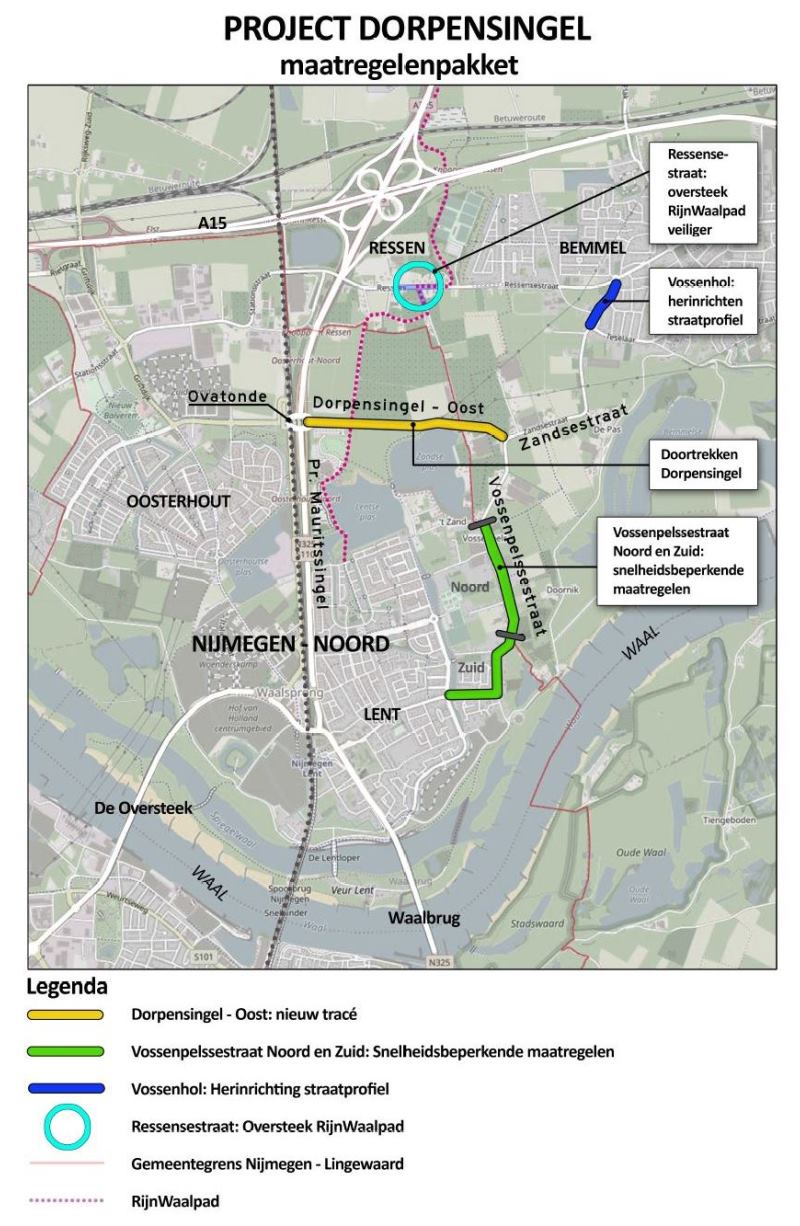 plattegrond van project Dorpensingel met daarop aangegeven de 4 onderdelen van het project: Dorpensingel-Oost, Vossenpelssestraat, Ressensestraat en Vossenhol