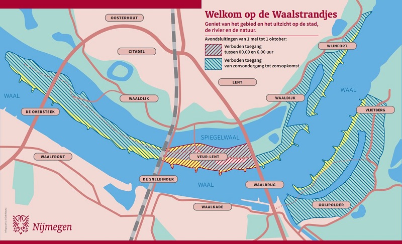 Kaartje met overzicht avondsluitingen Nijmeegse Waalstranden en Veur-Lent (2023)